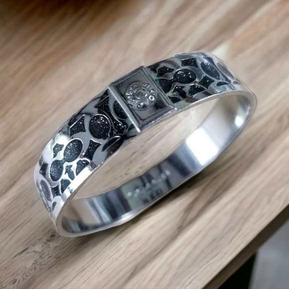 Coach Signature Print Silvertone Glitter Bangle Bracelet - Picture 1 of 16